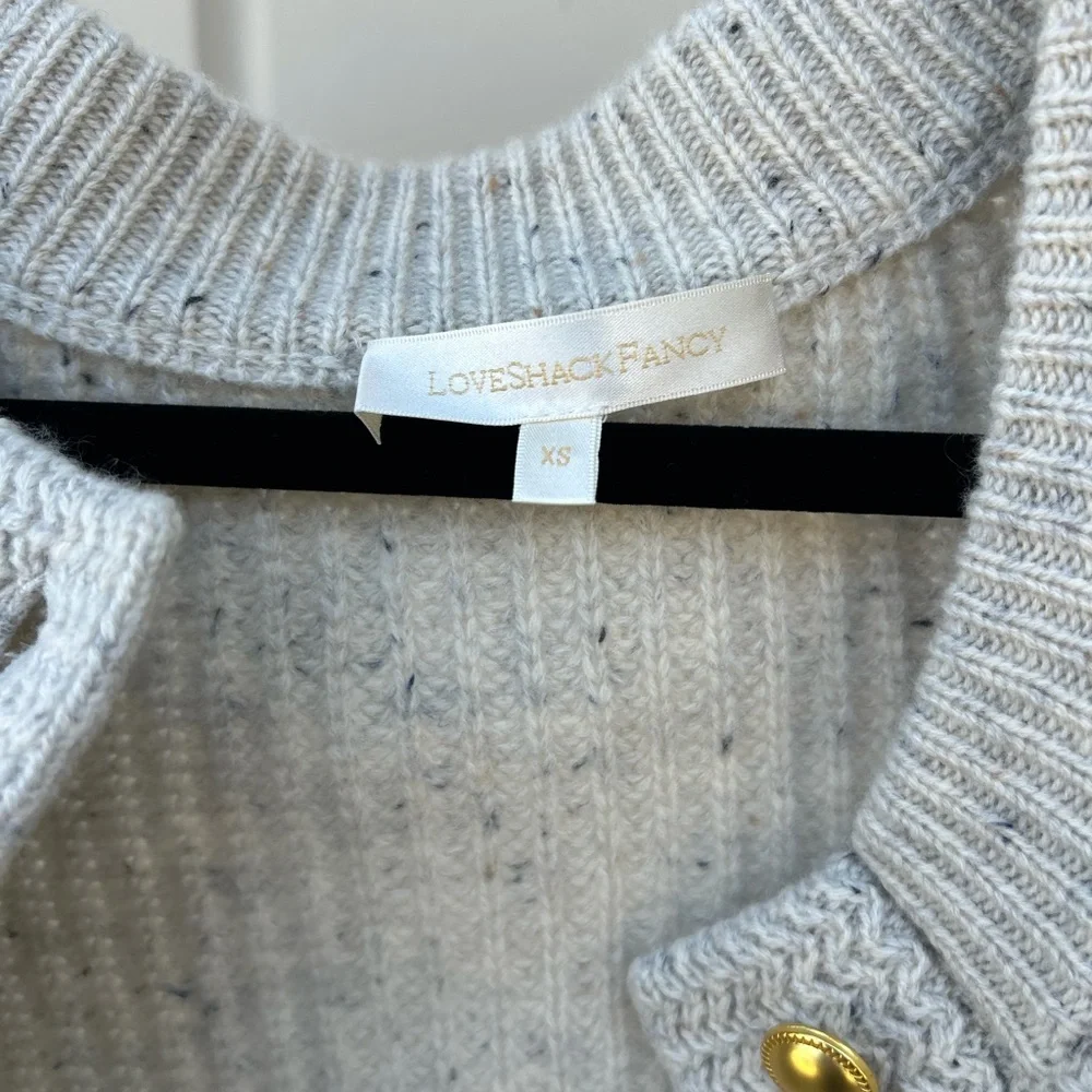 Loveshackfancy wool cardigan cropped sweater with gold buttons size xs grey